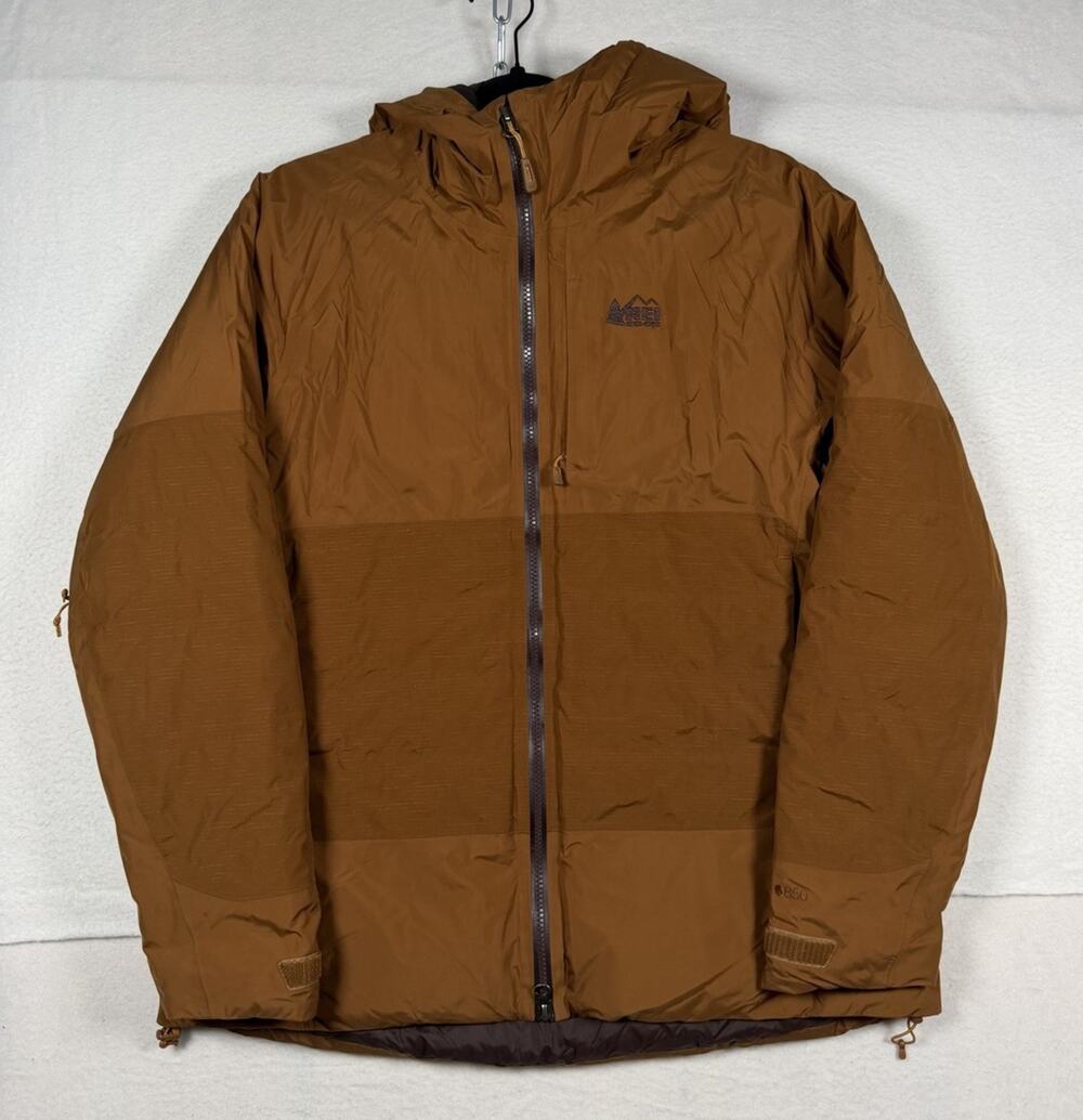 REI Co-op Stormhenge 850 Down Jacket Womens Large Brown Orange Hooded Waterproof